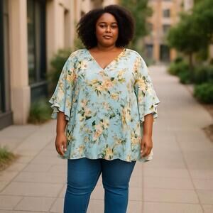 Calvin Klein Blouse Top Tunic Floral Ruffle Bell Sleeve V-Neck Plus Size 16W